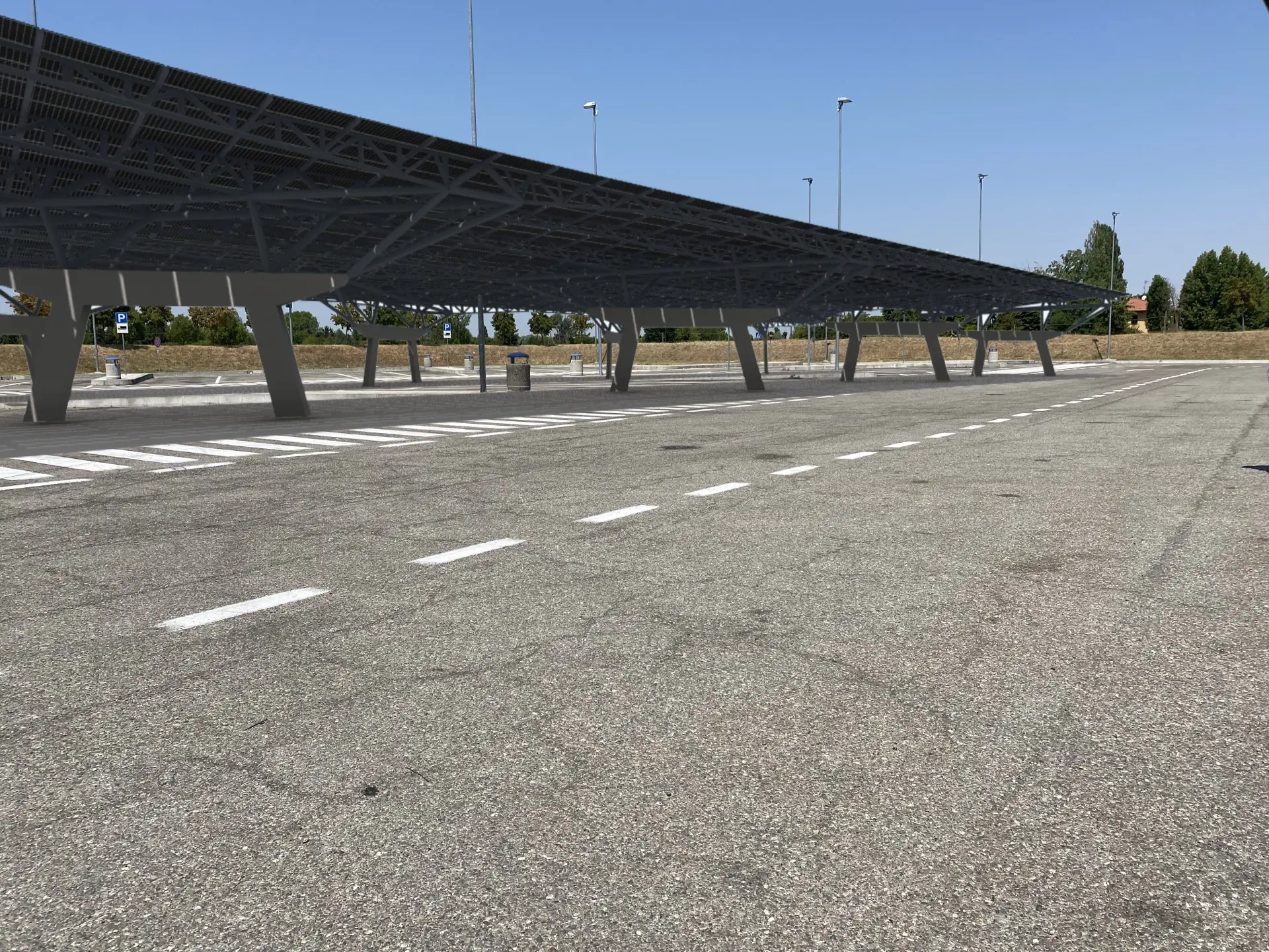 Render fotorealistico - Fotoinserimenti per impianto fotovoltaico su pensiline – integrazione nel contesto infrastrutturale