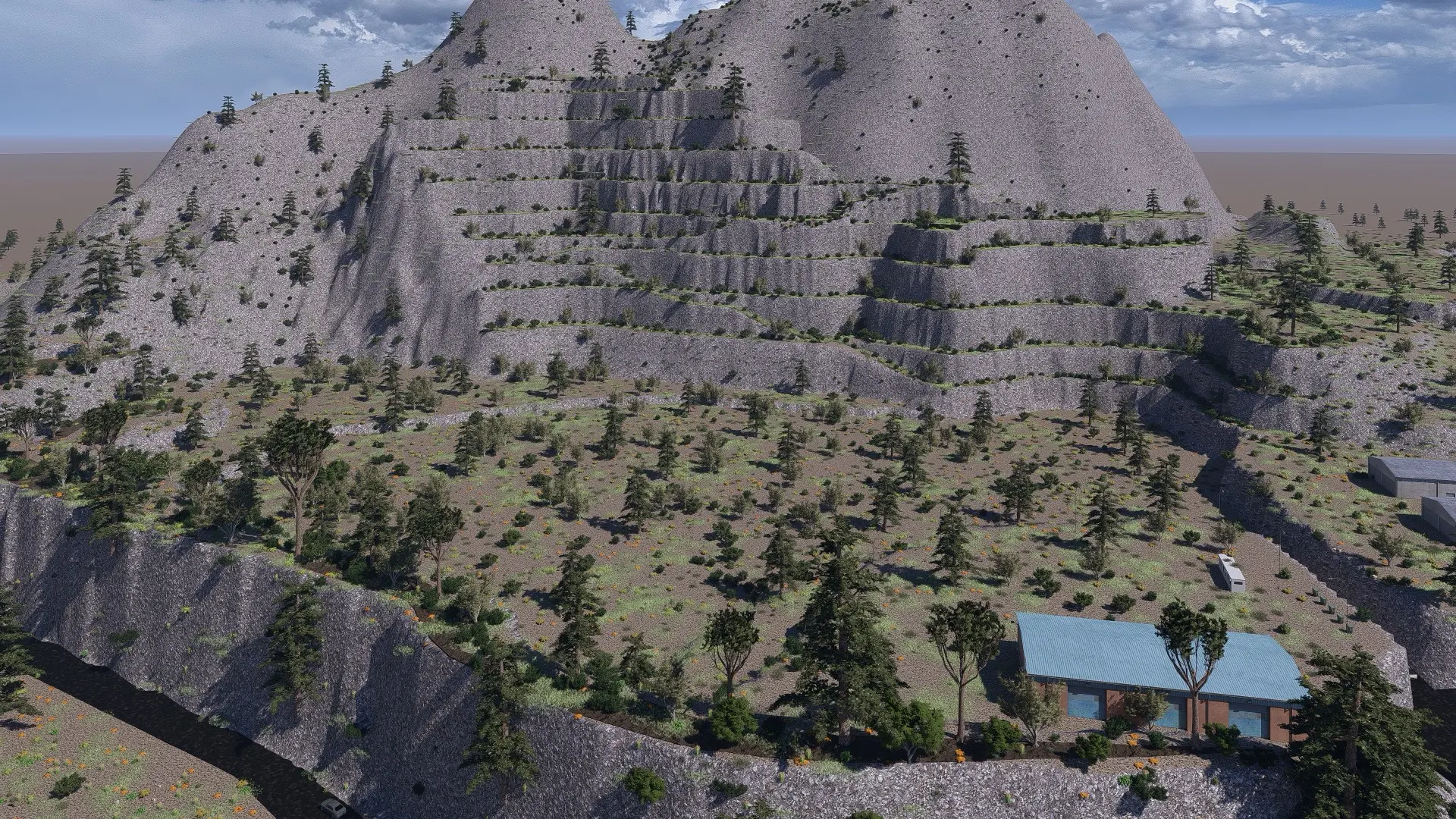 Render fotorealistico - Simulazioni per recupero ambientale di cava – valutazione impatto paesaggistico